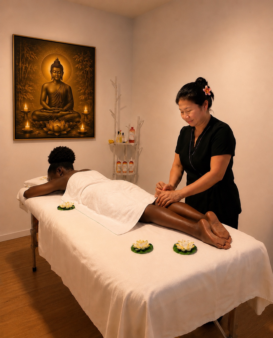 Massage des jambes avec vue complète de la cliente à Mandelieu-la-Napoule